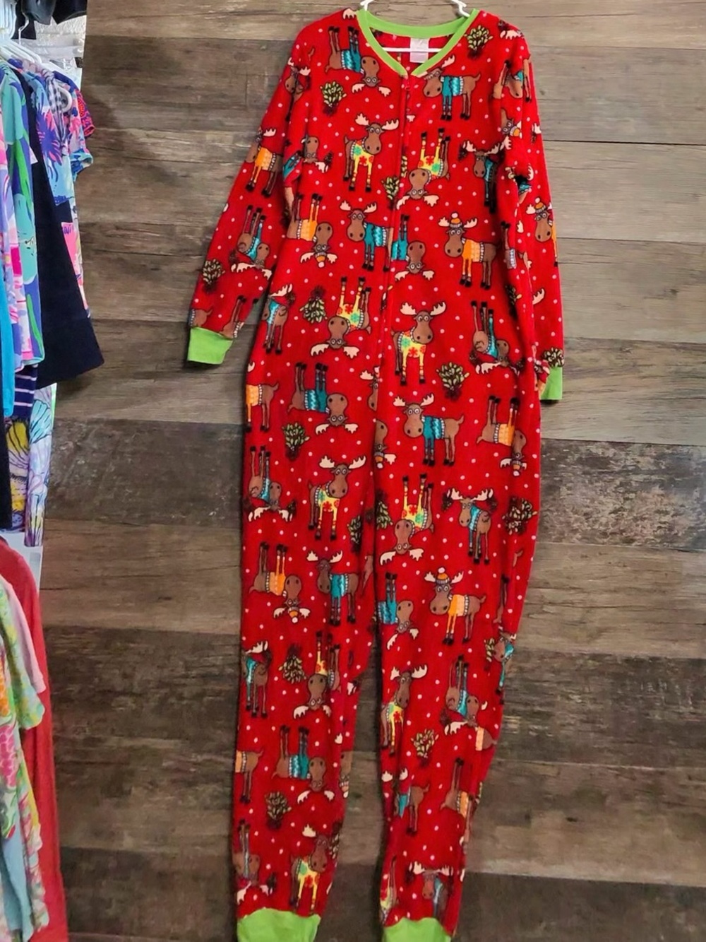 Secret Treasures Red Moose Print One-Piece Pajama Romper with Green Trim